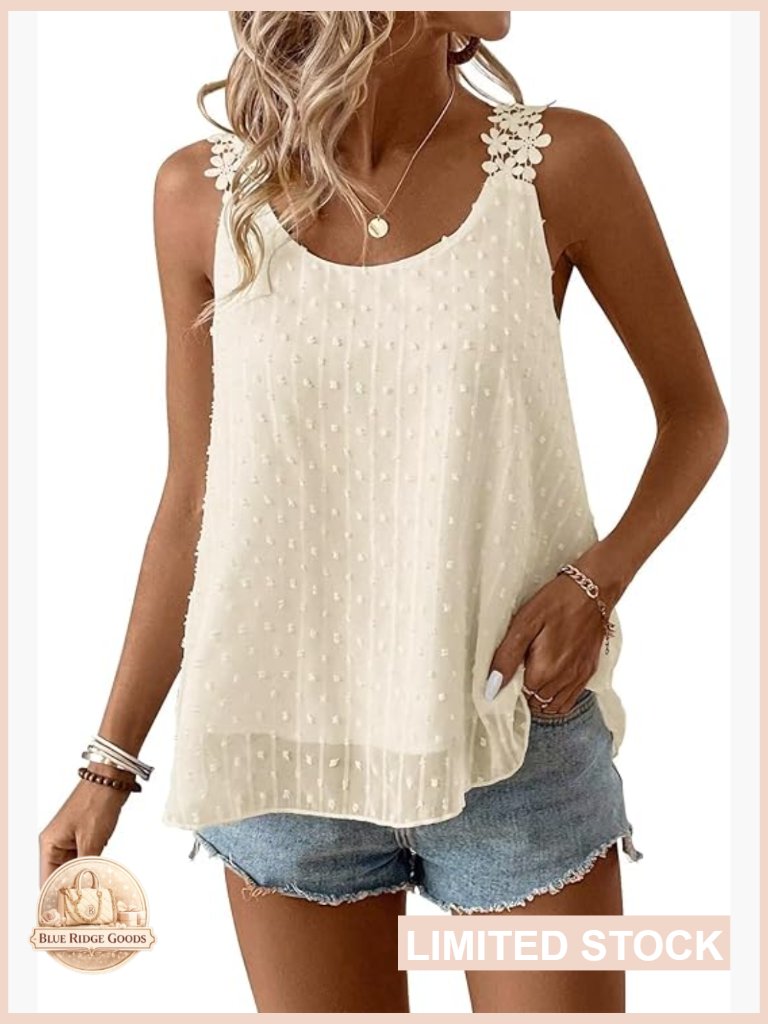 Flowy Sleeveless Boho Tank Top Swiss Dot Lace Cami Crewneck Casual Summer Beach